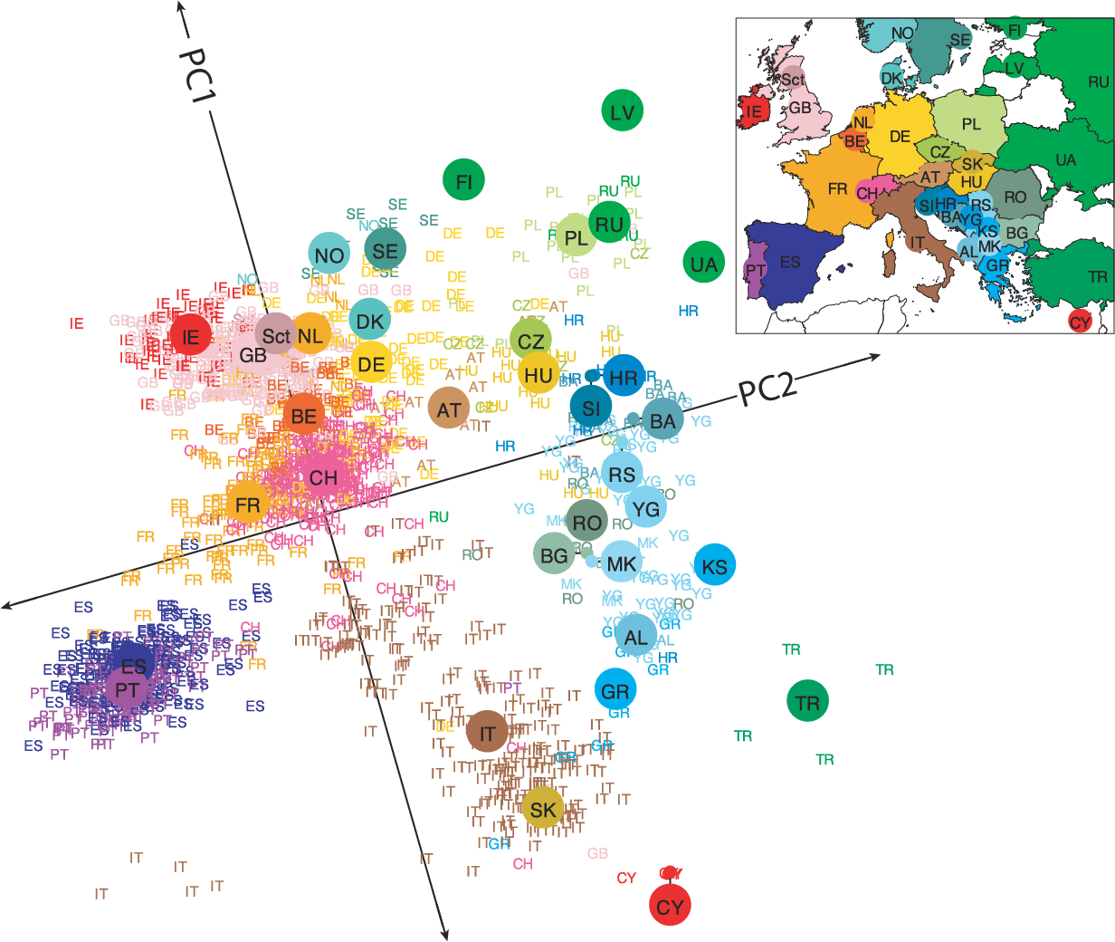 PCA plot from Novembre et al. 2008, showing population structure of 1,387 European individuals.